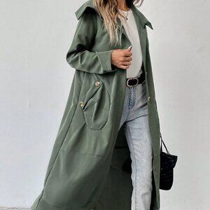 Army Green Casual Women's Solid Color Double Pocket Long Jacket